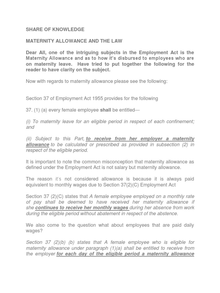 Share of Knowledge Maternity Allowance PDF Employment Salary