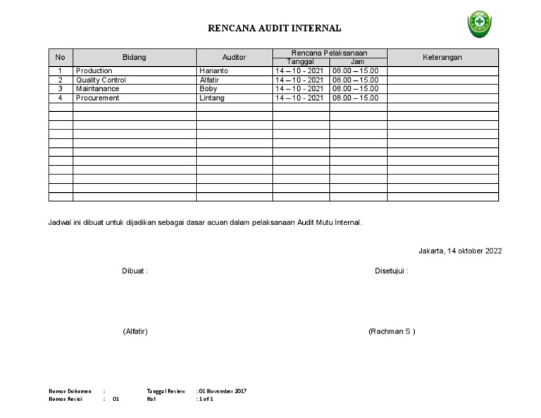 Form Rencana Audit Internal CP2 | PDF