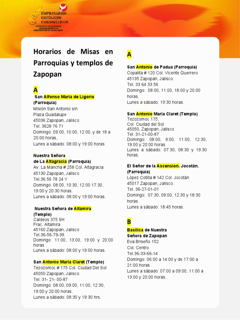Horarios de Misas en Zapopan | PDF | Santos cristianos