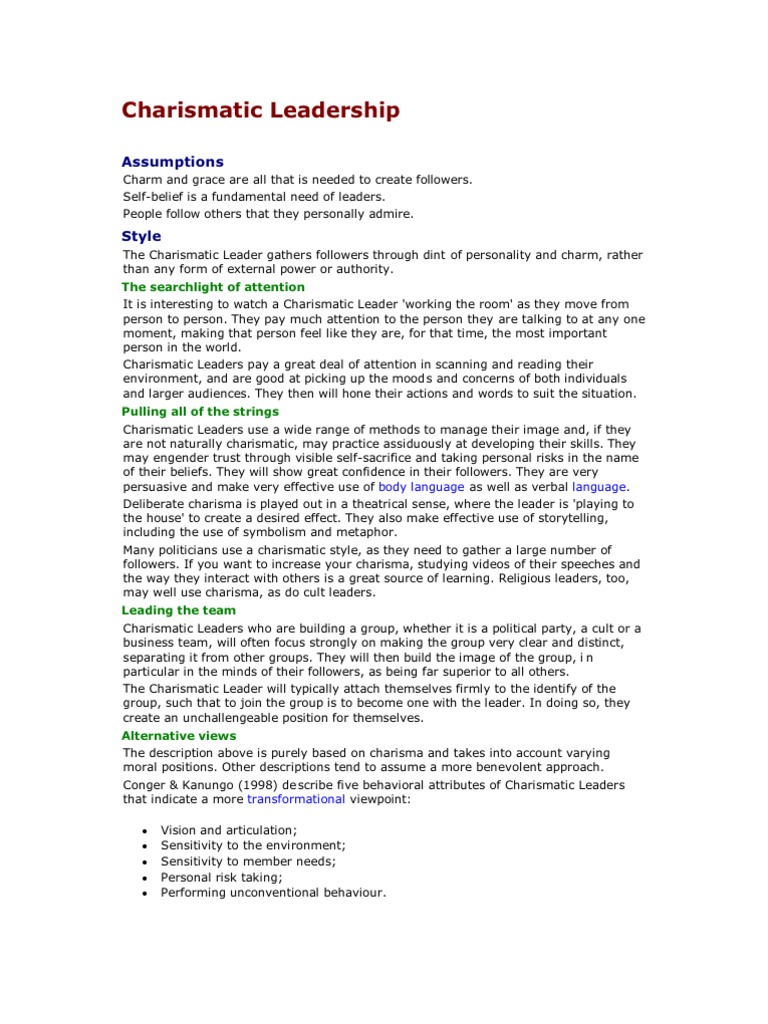 Charismatic Leadership Pdf Charisma Transformational Leadership