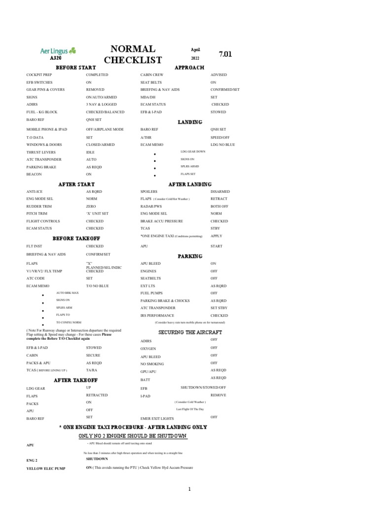 Aer Lingus A320 Normal Checklist | PDF | Flap (Aeronautics) | Air ...