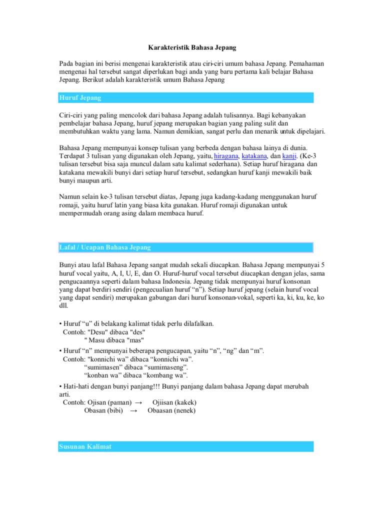 Karakteristik Bahasa Jepang
