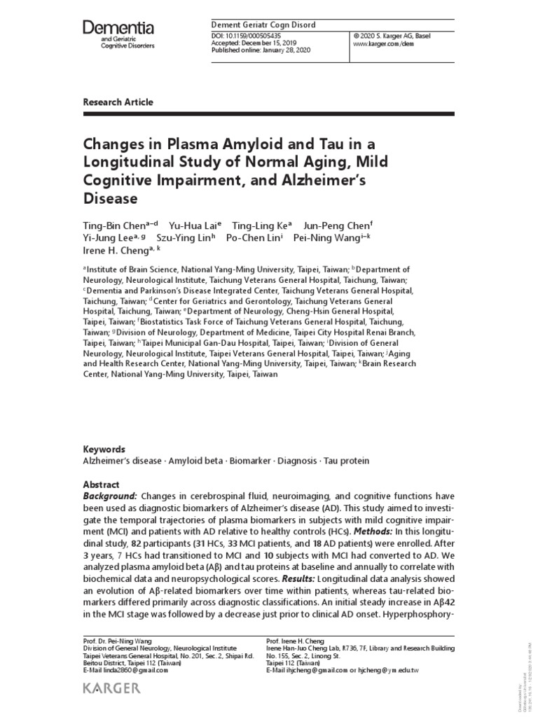 Changes in Plasma Amyloid and Tau in A | PDF | Amyloid Beta | Alzheimer ...