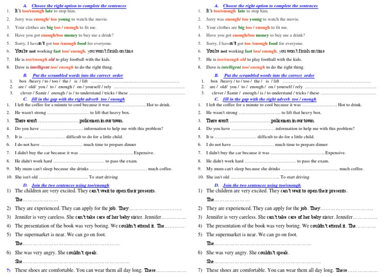 Grammar Exercises: Too vs. Enough | PDF | Home & Garden