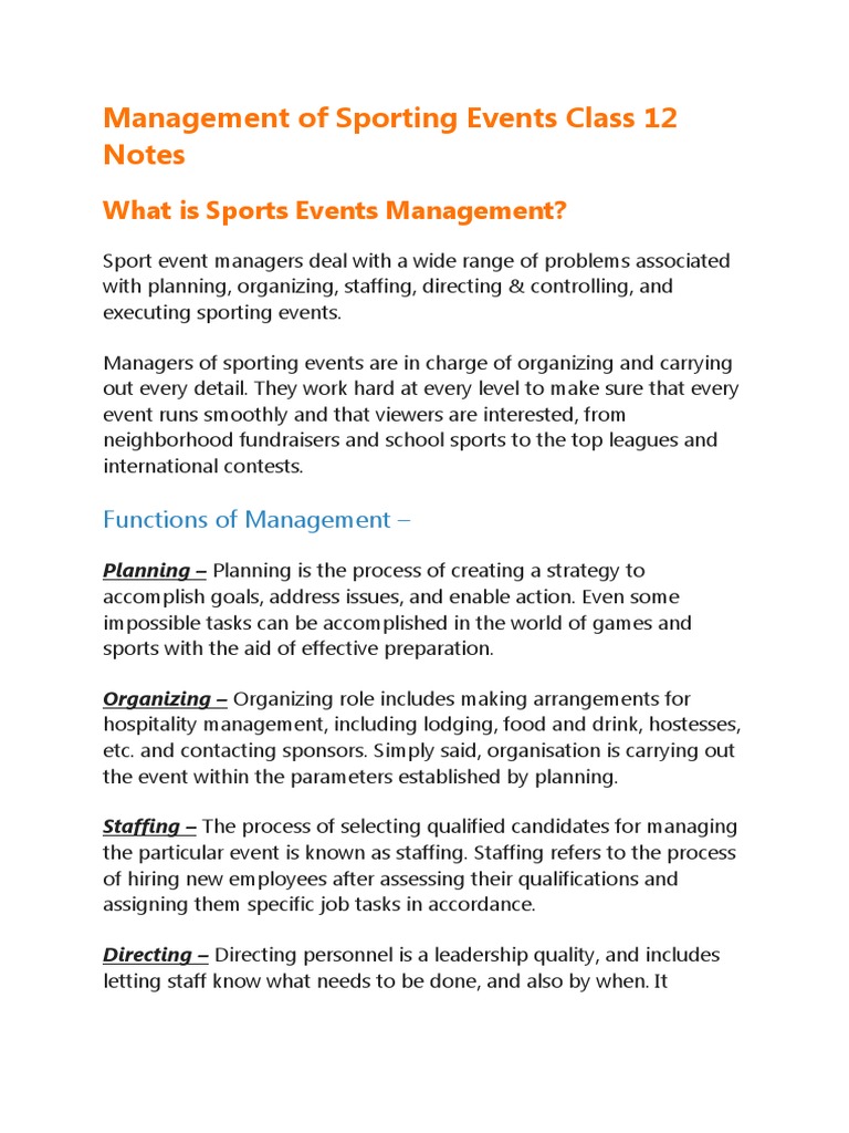 Management of Sporting Events Class 12 Notes PDF Tournament Stairs
