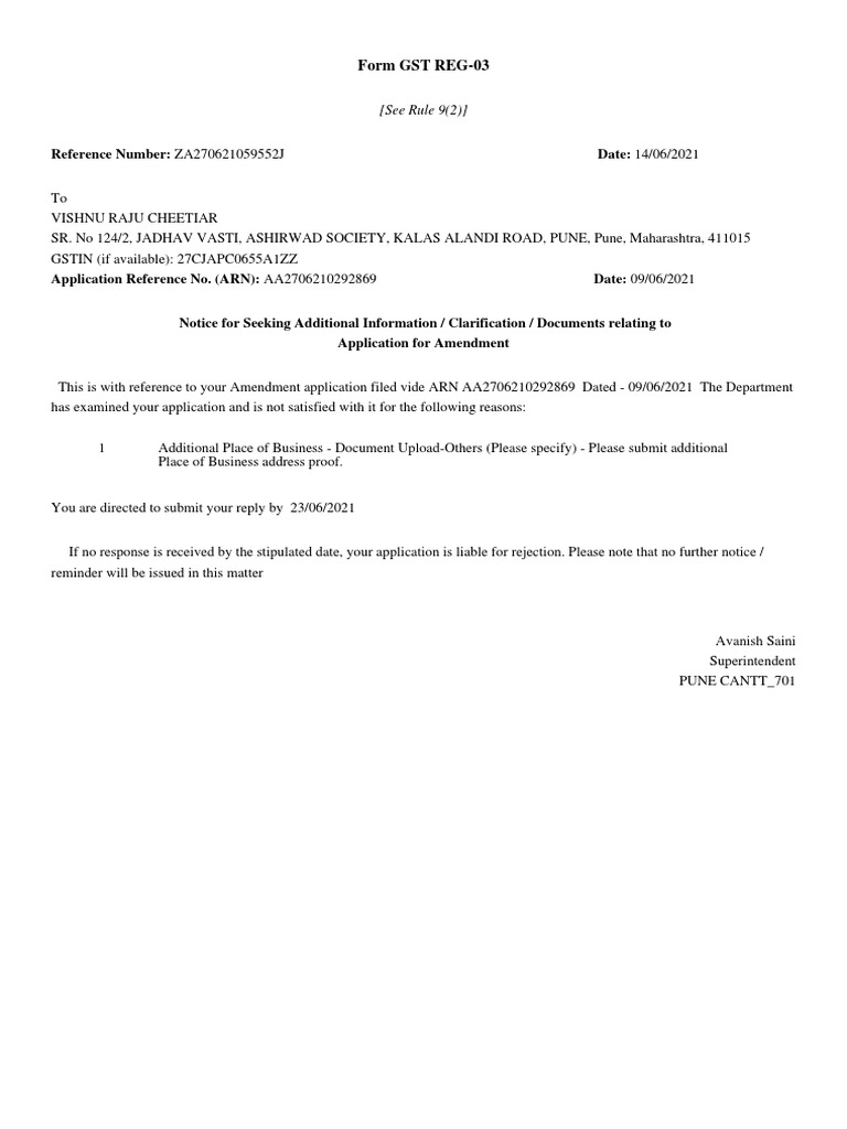 Notice requesting additional documentation to support an application to
