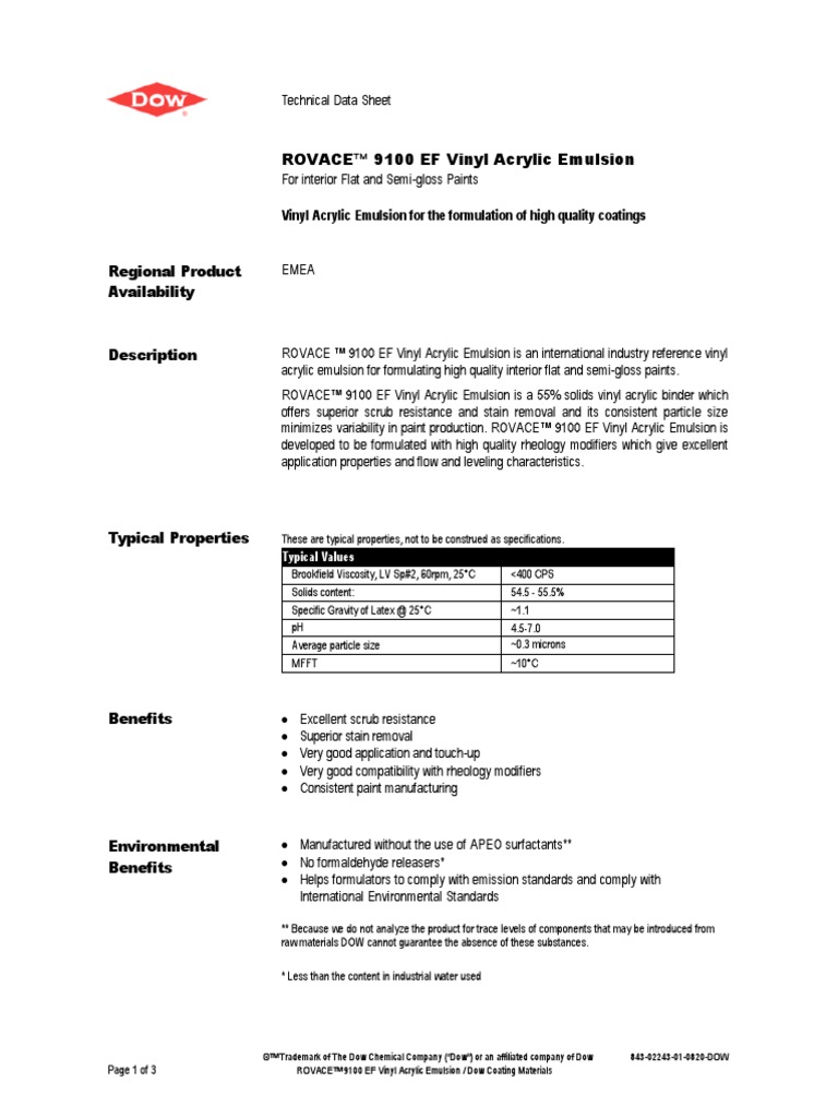843 02243 01 Rovace 9100ef Vinyl Acrylic Emulsion Tds Download Free PDF Polyvinyl Chloride