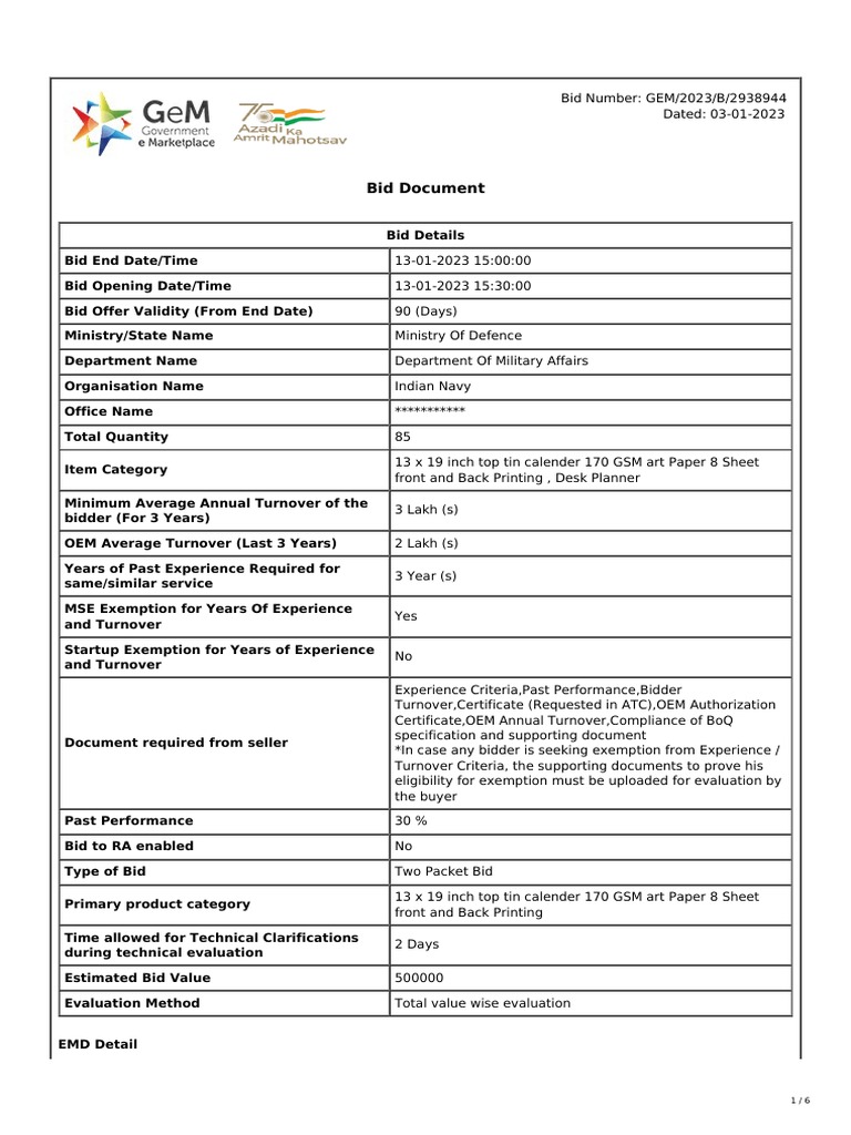 Tenders For Supply of 13 X 19 Inch Top Tin Calender 170 GSM Art Paper 8