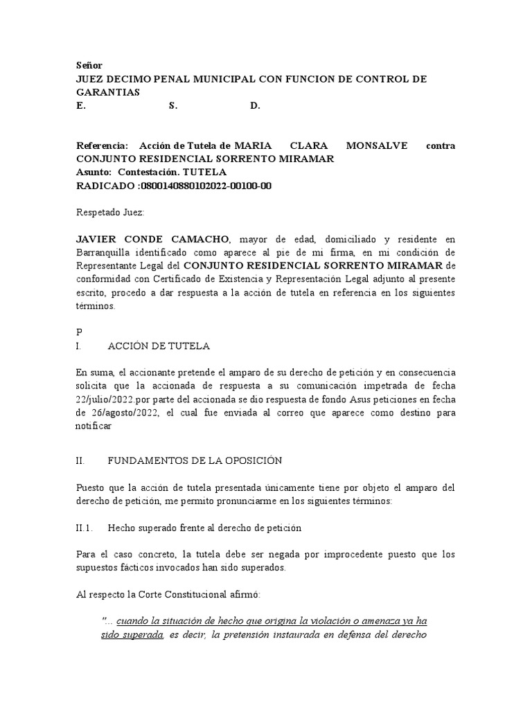 Contestación a Tutela Sorrento Miramar | PDF | Derecho Constitucional ...