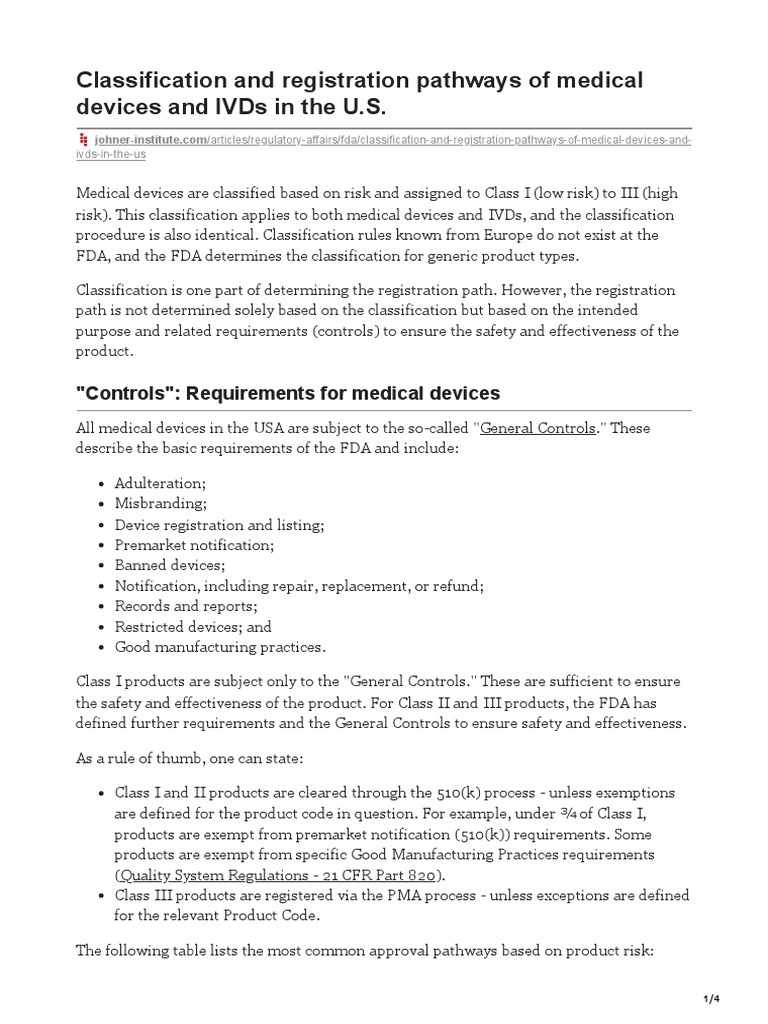 Classification and Registration Pathways of Medical Devices and IVDs in