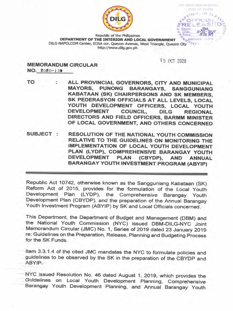 DILG MC NO. 2020-138 Resolution of the National Youth Commission ...