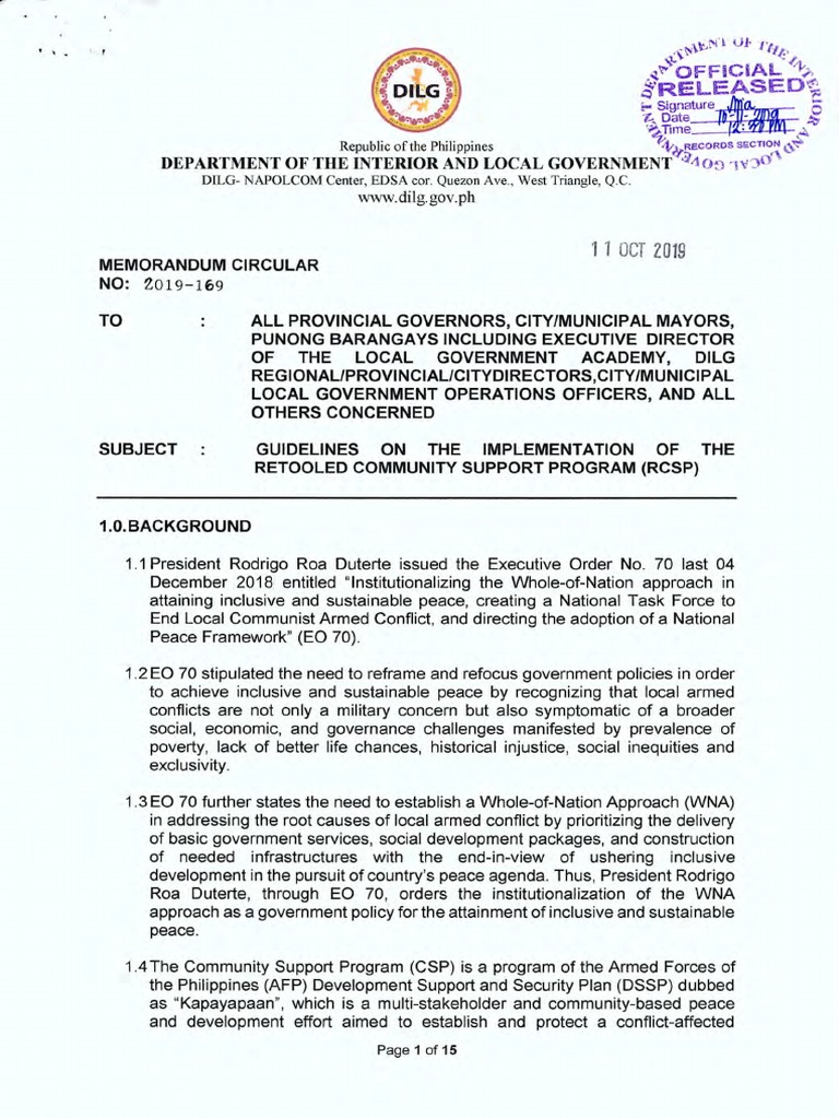 DILG MC NO. 2019-169 Guidelines On The Implementation of The Retooled ...