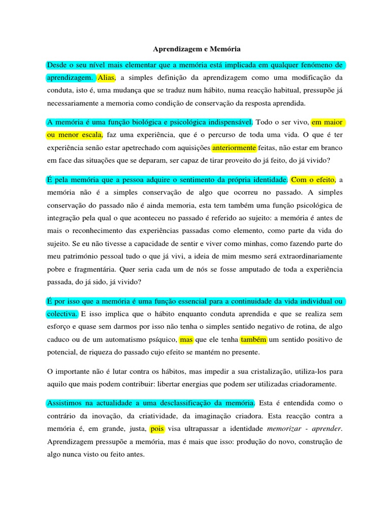 Importância da Memória na Aprendizagem | PDF | Aprendizado | Memória