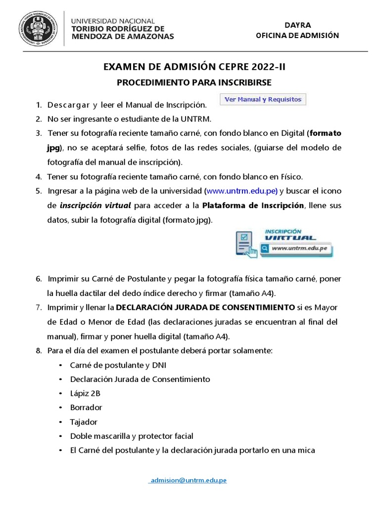 Manual De Inscripción Examen De Adimisión Cepre 2022 Ii Pdf