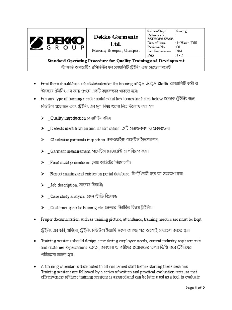 Quality Training & Development SOP | PDF