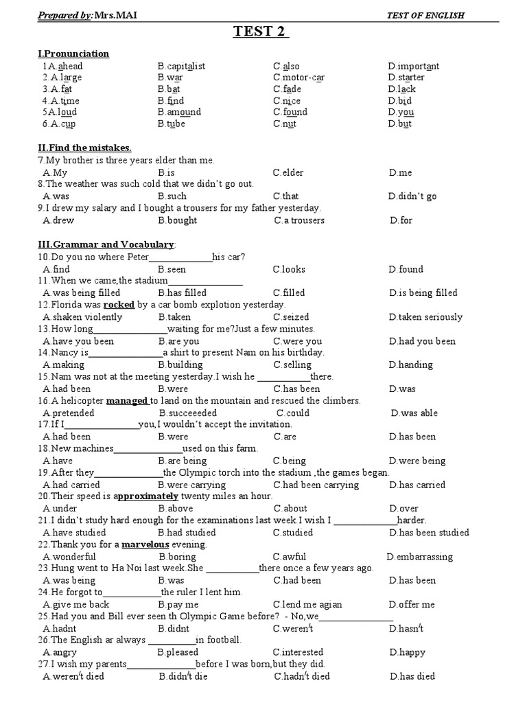 English Pronunciation and Grammar Test | PDF