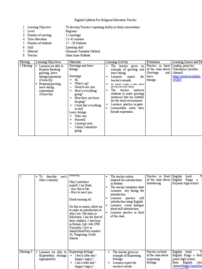 English Syllabus For Elementary School