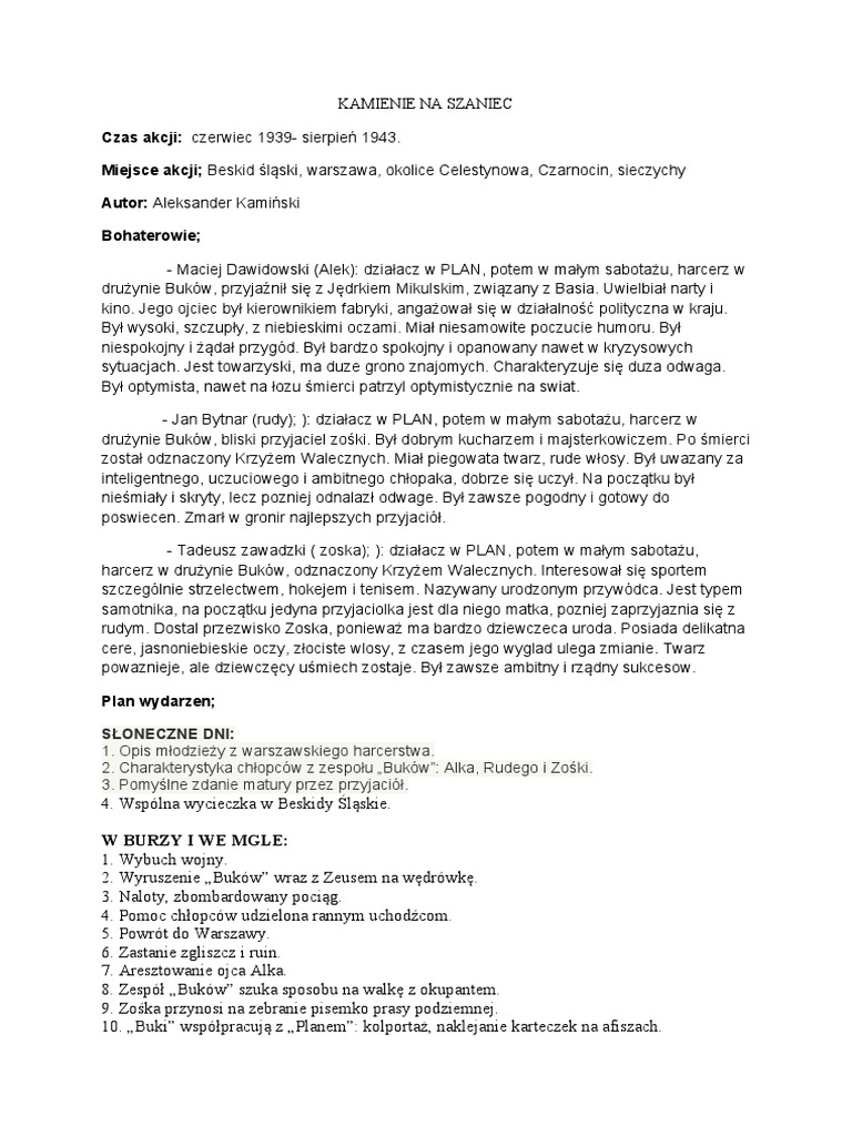 Kamienie Na Szaniec Tematy Wypracowań Kamienie Na Szaniec | PDF