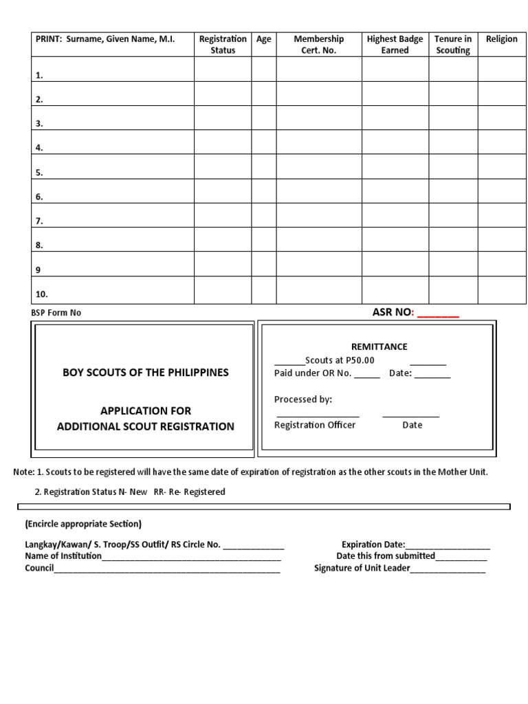 Boy Scouts of the Philippines Registration Form PDF