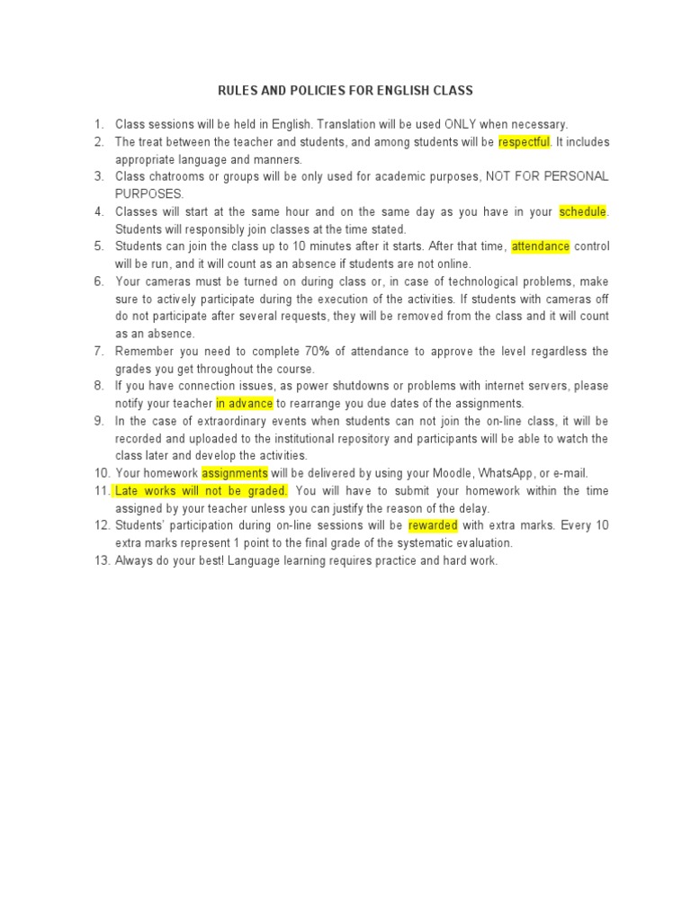 English Class Rules and Policies | PDF