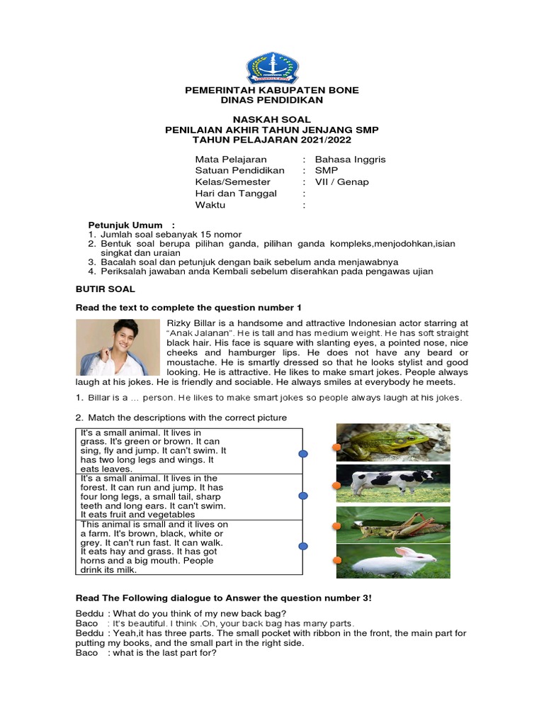 Soal Pat BHS Inggris Kelas Vii 2022 | PDF | Language Arts & Discipline