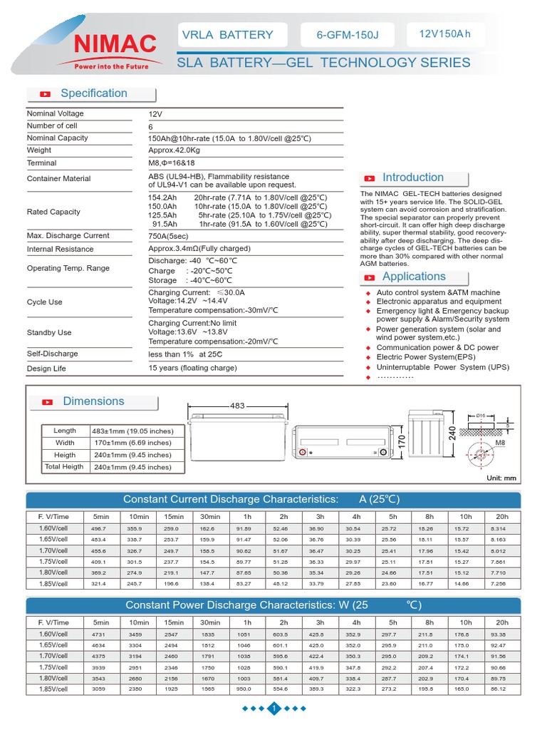 NIMAC 150Ah GEL Battery Specifications | PDF | Energy Technology ...