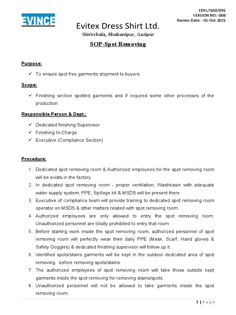 Spot RemovingSOP PDF Personal Protective Equipment Safety