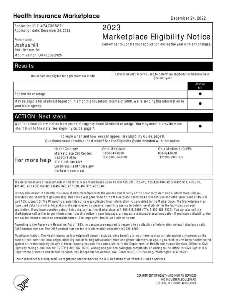 Eligibility Results Notice PDF Medicaid Health Insurance Marketplace
