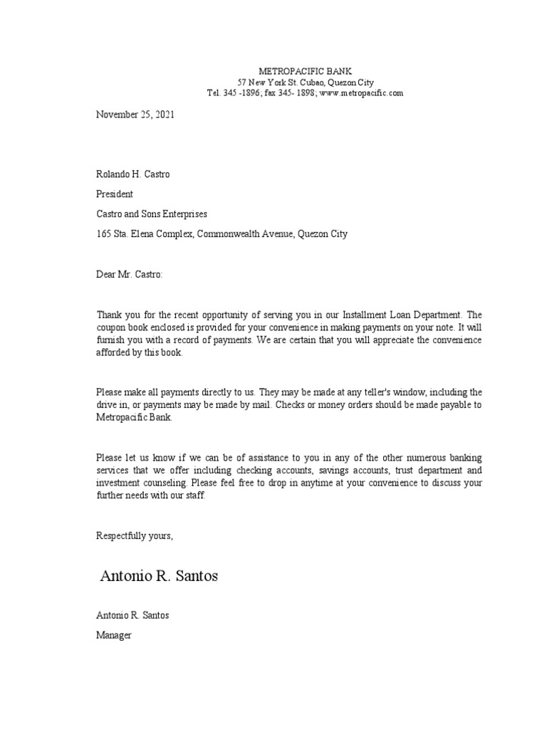 Full Block Letter Sample for Banking | PDF