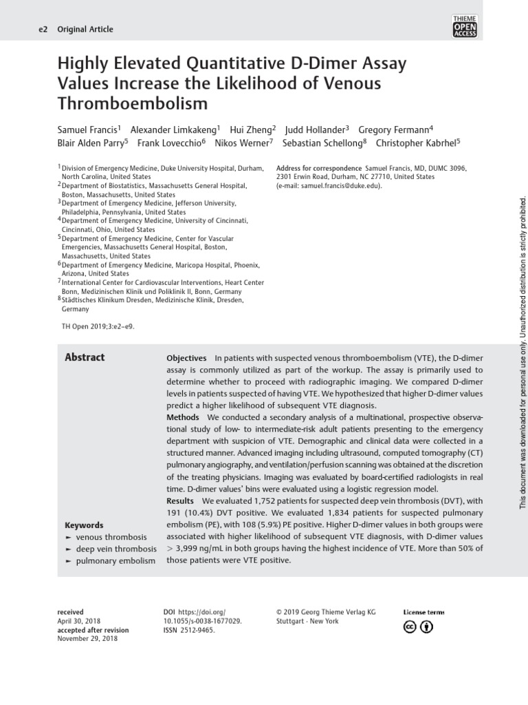 Highly Elevated Quantitative DDimer Assay Values PDF Sensitivity