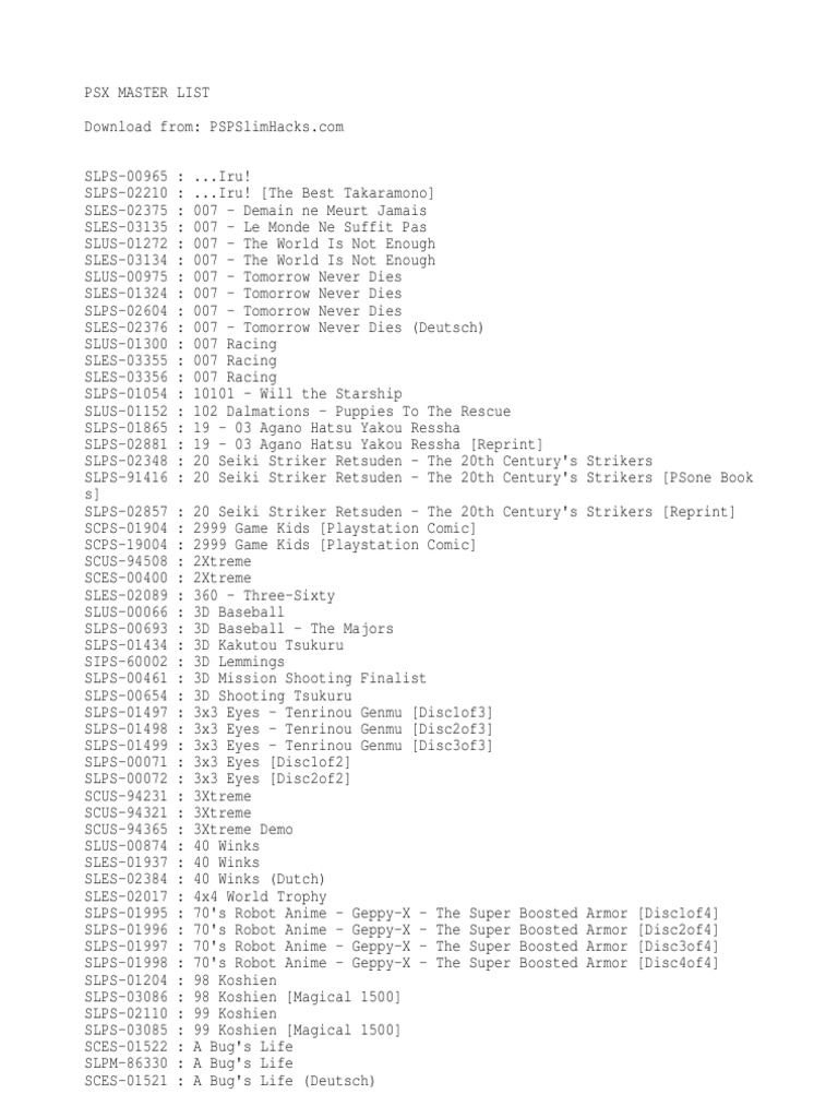 Psx Game Id List Leisure