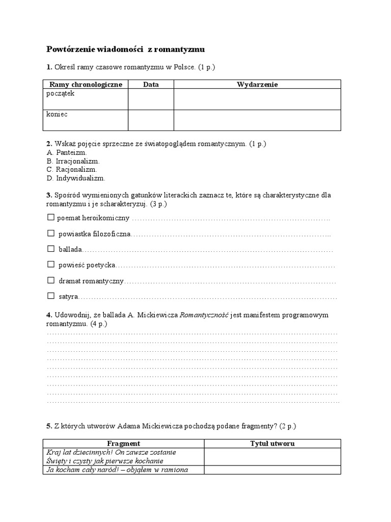 Sprawdzian Z Romantyzmu Wersja A PDF