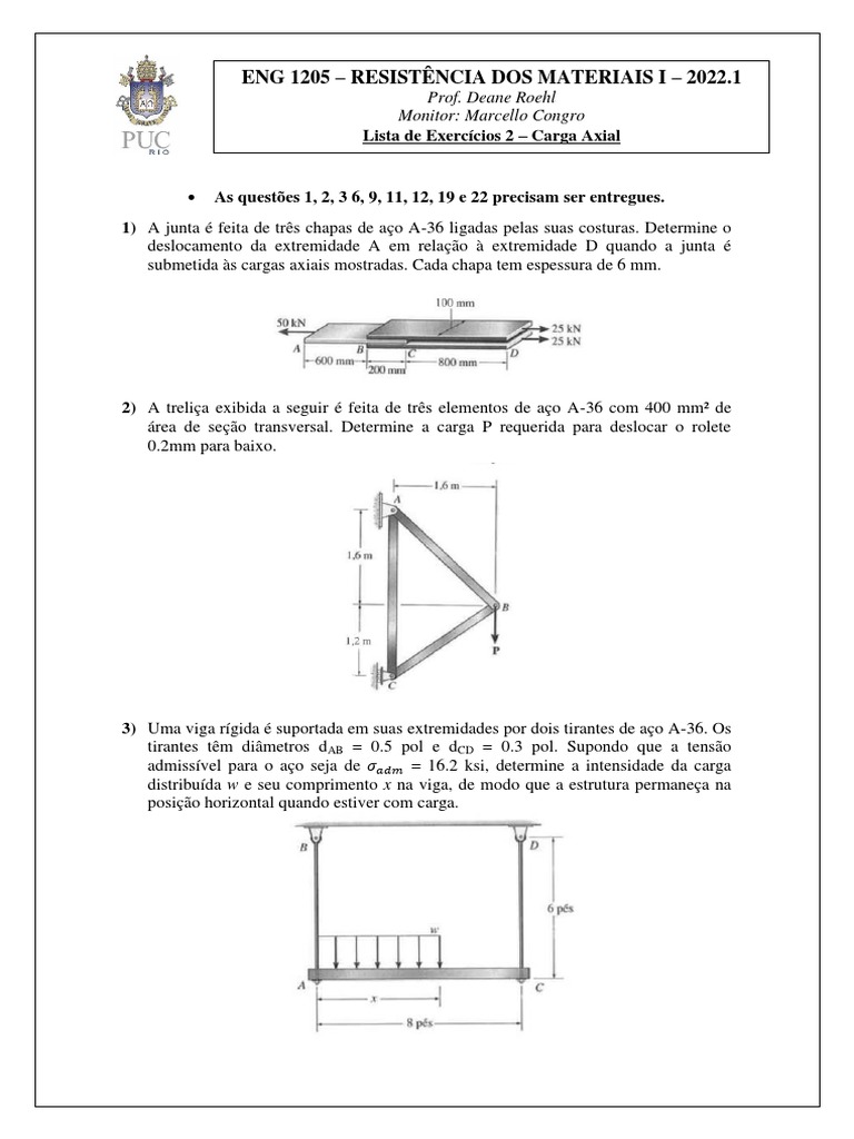 ENG 1205 - Lista de Exercícios 2 - Carga Axial - 2022 | PDF ...