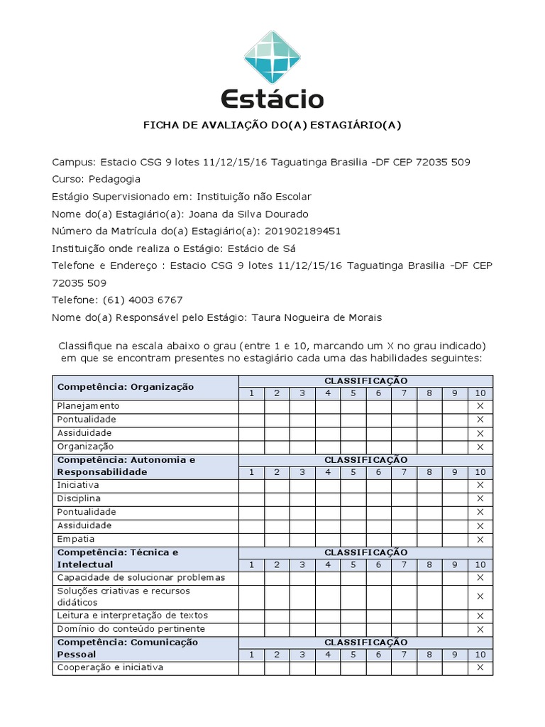PEDAGOGIA Estágio - Modelo de Ficha de Avaliação | PDF | Comunicação ...