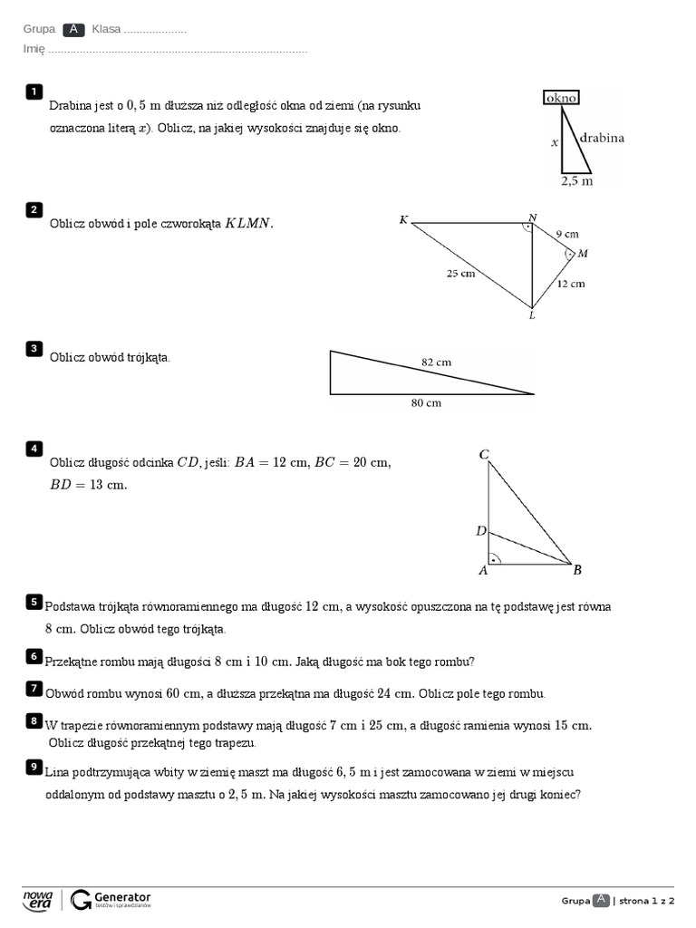 Twierdzenie Pitagorasa Sprawdzian Klasa 8 Zastosowania Tw. Pitagorasa Test (Bez Widocznej Punktacji) | PDF