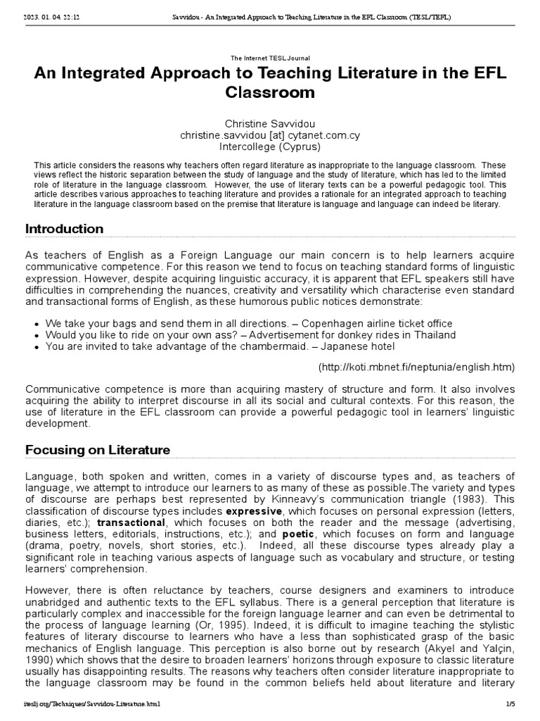 Teaching Literature in EFL Classrooms | PDF | English As A Second Or ...