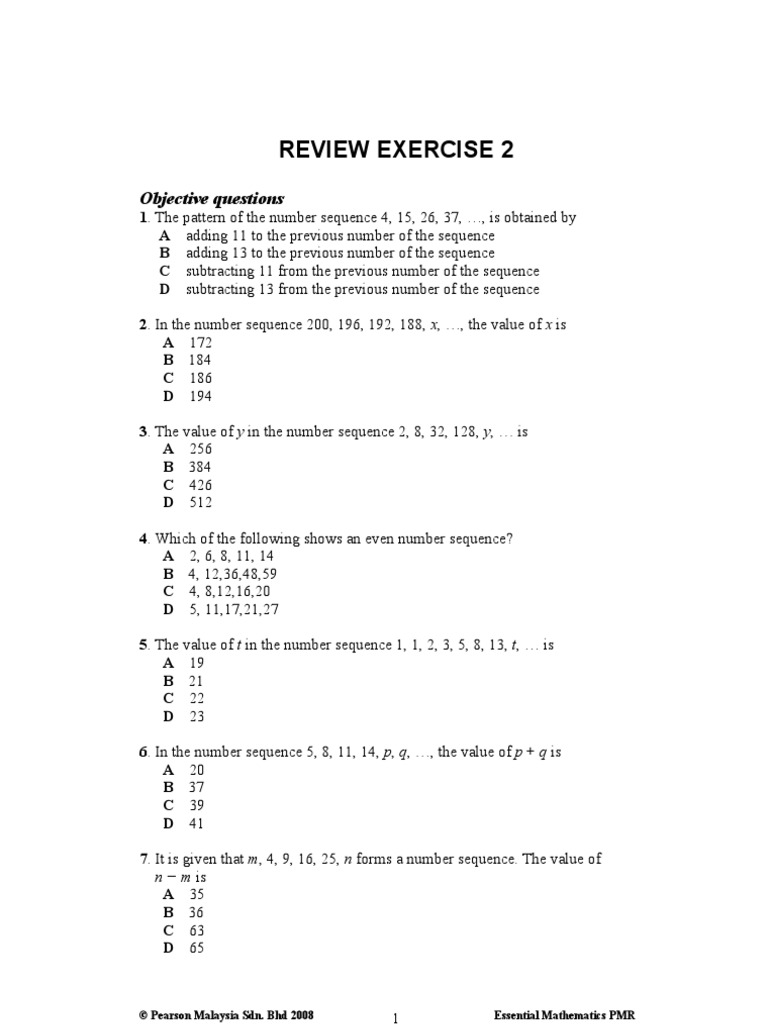 Review Exercise 2: Objective Questions | PDF | Numbers | Teaching ...