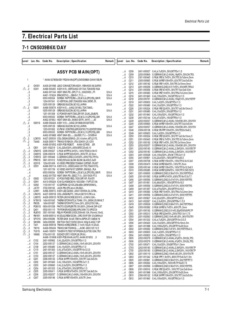 electrical parts list PDF