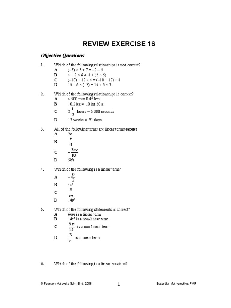 Review Exercise 16 Objective) | PDF | Equations | Mathematical Analysis
