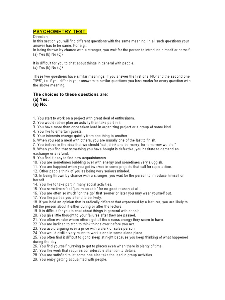 Psychometry Test: The Choices To These Questions Are: (A) Yes. (B) No ...
