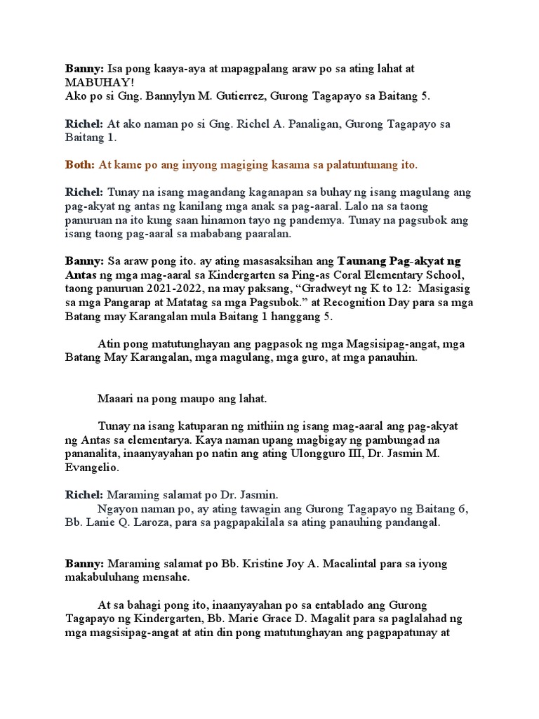 EMCEE Script Moving Up Ceremony | PDF