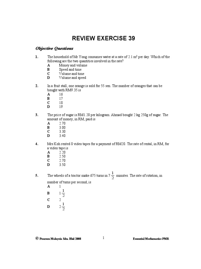 Review Exercise 39 Objective Questions PDF Speed Quantity