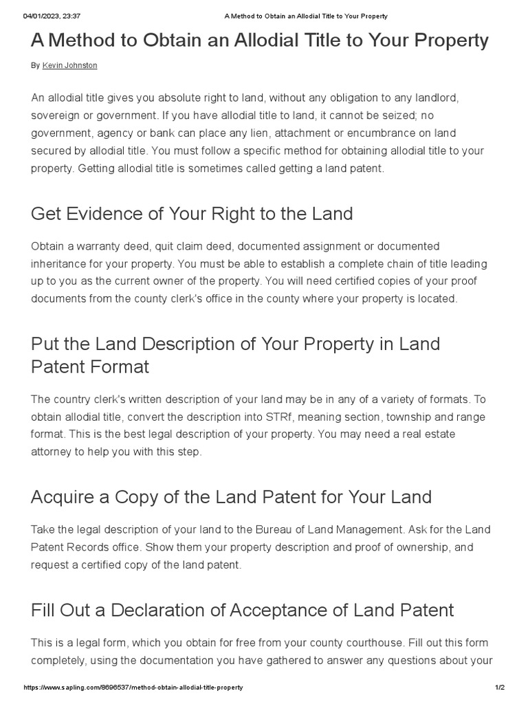 A Method To Obtain An Allodial Title To Your Property PDF Deed