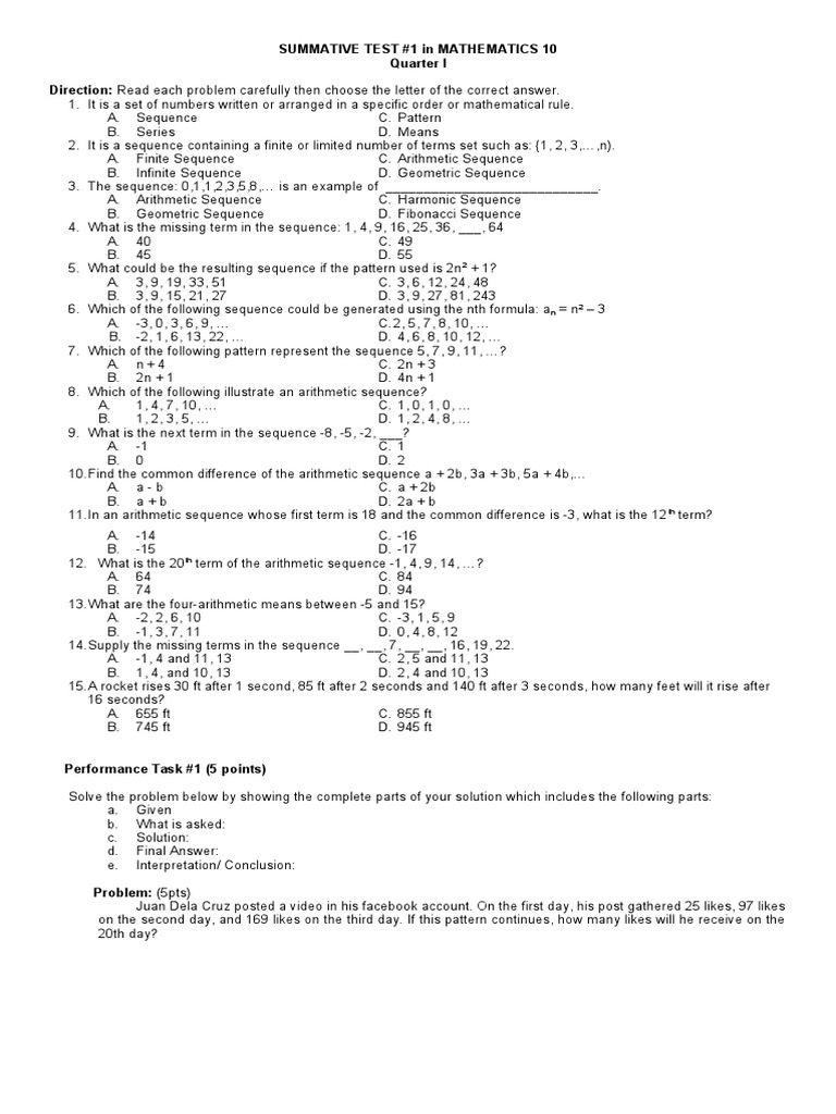 Grade 10 Math Summative Test Q1 | PDF | Sequence | Elementary Mathematics