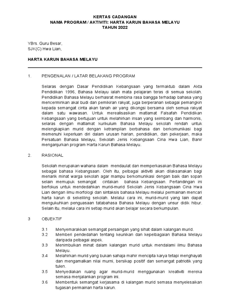 Kertas Cadangan Harta Karun Bahasa Melayu Pdf