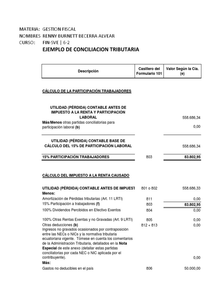 Ejemplo de Conciliación Tributaria 2024 | PDF | Impuesto sobre la renta ...