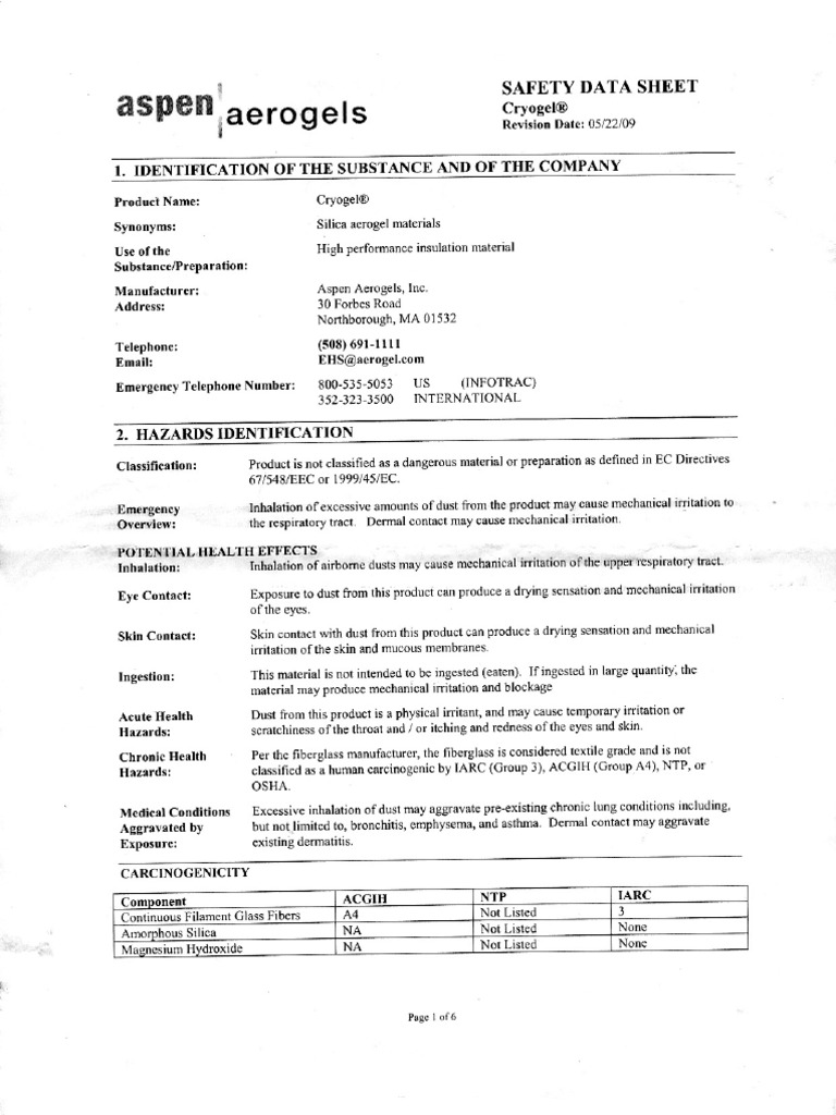 Aerogel Safety Data Sheet