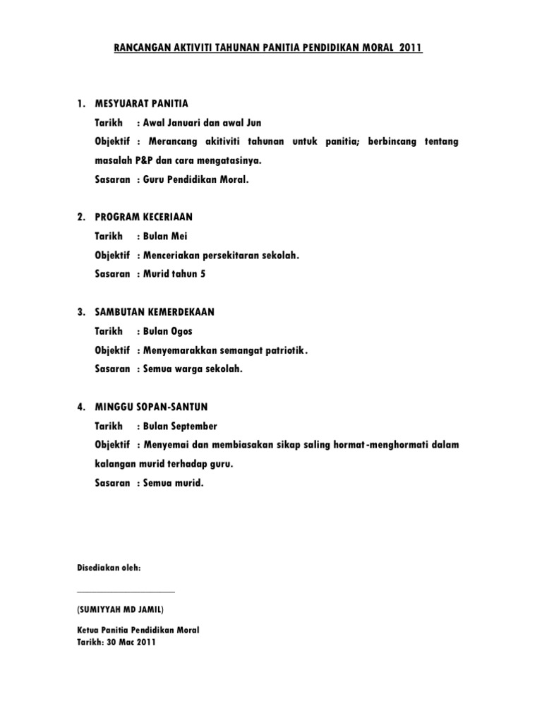 Rancangan Aktiviti Tahunan Panitia Pendidikan Moral 2011 Pdf
