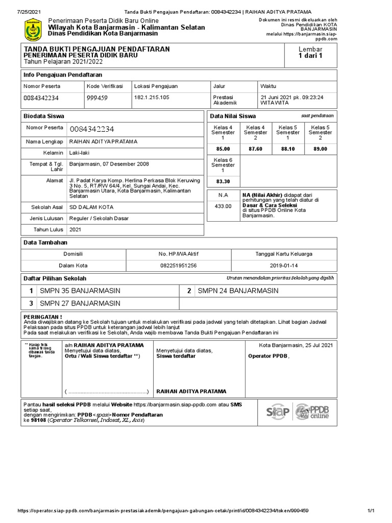 Bukti Pendaftaran PPDB | PDF