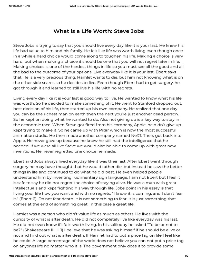 What Is A Life Worth Steve Jobs (Essay Example), 781 Words